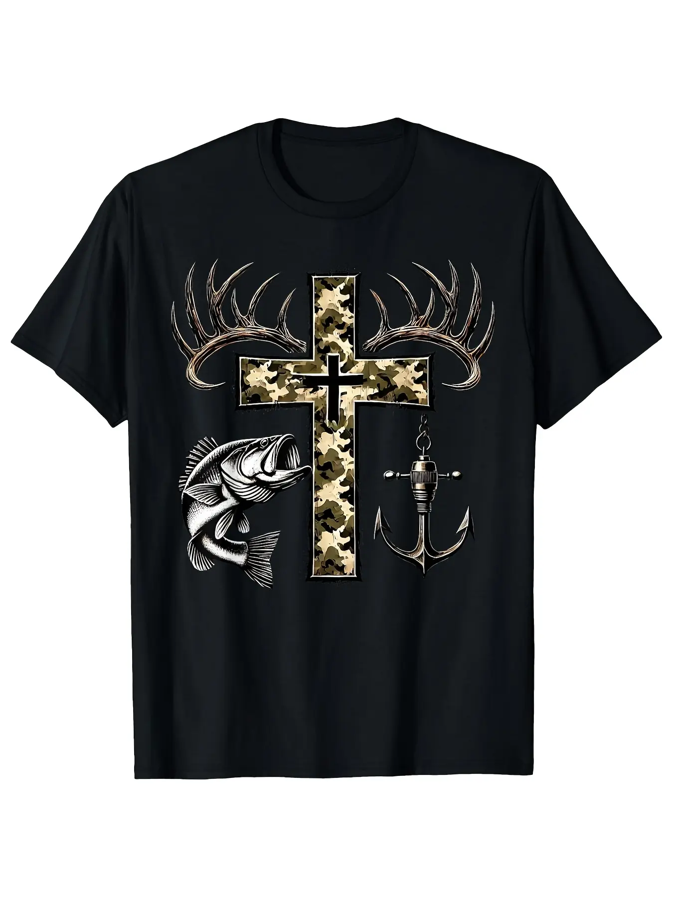 Men'S Christian Faith Camouflage Hunting And Fishing Graphic Tee - Featuring a Design with a Cross, Fish, And Antlers, Made from  with a Regular Fit And Short Sleeves, Perfect for Outdoor Lovers. This Casual Round Neck Shirt Is Machine Washable