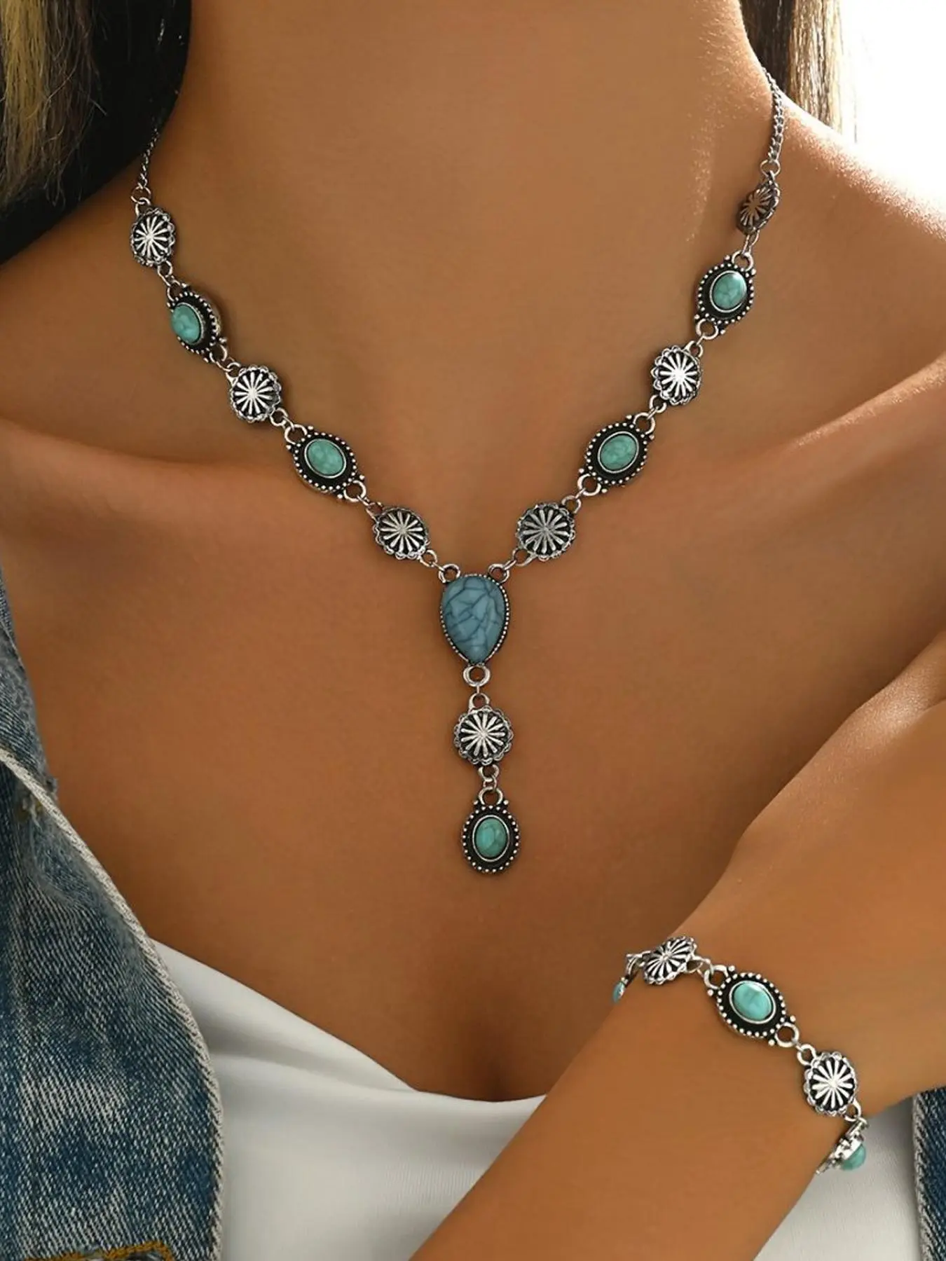 Boho Style Turquoise Decorated Necklace & Bracelet, Vintage Simple Jewelry Sets for Vacation and Party, Versatile Jewelry Accessories for Women
