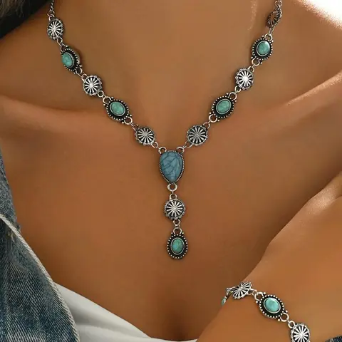 Boho Style Turquoise Decorated Necklace & Bracelet, Vintage Simple Jewelry Sets for Vacation and Party, Versatile Jewelry Accessories for Women