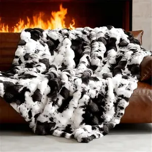 Ultra Plush Bubble Faux Rabbit Fur Blanket – 950GSM Thick Fluffy Throw Blanket for Bed, Couch, Sofa, or Gift, 50" × 60", Black Cow