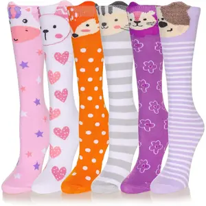 Girls Knee High Socks Kids Crazy Fun Gift Silly Tall Boot Cute Animal Cotton Long Socks 6 Pairs