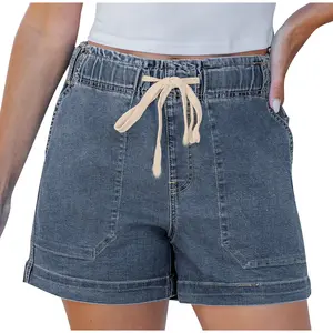 VVZ 2026 Women's Casual Denim Shorts with Elastic Drawstring Waist, High Waist Loose Fit Jean Shorts for Women, Comfortable Daily Wear Shorts for Summer