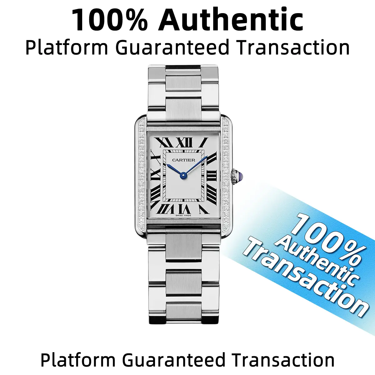 Cartier Tank W5200014 with aftermarket diamond-set bezel  34.8 × 27.4mm  White dial Stainless steel with aftermarket diamonds Quartz movement  WHP041188