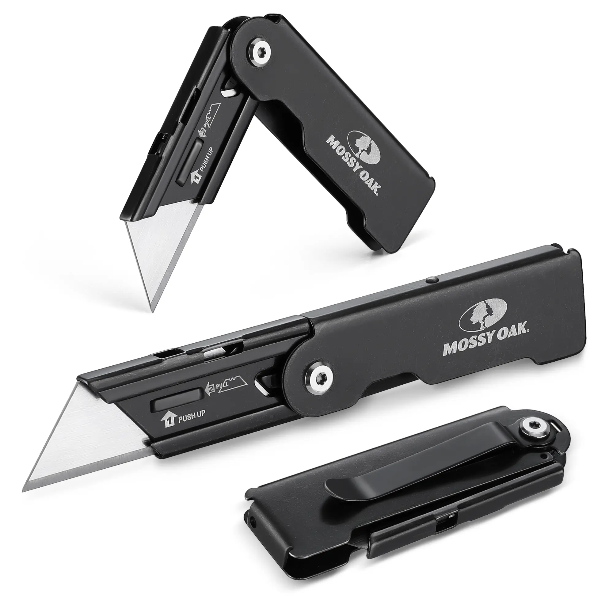 #summersale MOSSY OAK 2-pack Folding Pocket Utility Knife Set, Quick Change Box Cutter with Frame Lock, EDC Foldable Razor Knife with Belt Clip, Stone Washed