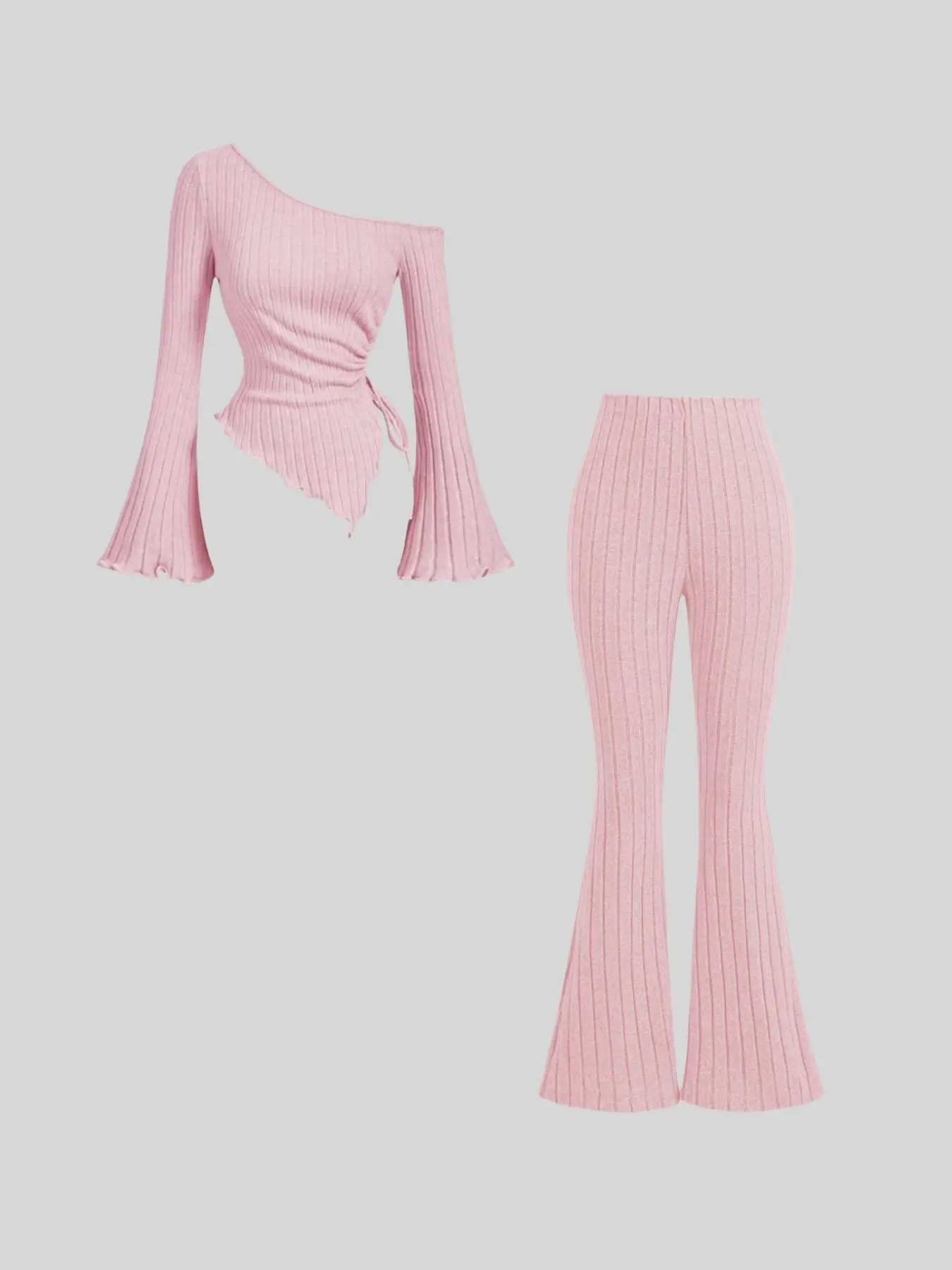 Women's Solid Fitted Long Sleeve Asymmetrical Neck Top & Flare Leg Pants Two-piece Set, Casual Outfits Women, Casual Fashion Cozy Clothing Set for Daily Outdoor Wear, Women Clothing for Fall & Winter, Womenswear