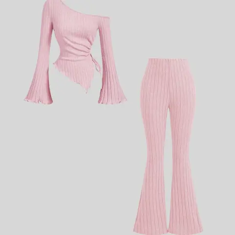 Women's Solid Fitted Long Sleeve Asymmetrical Neck Top & Flare Leg Pants Two-piece Set, Casual Outfits Women, Casual Fashion Cozy Clothing Set for Daily Outdoor Wear, Women Clothing for Fall & Winter, Womenswear