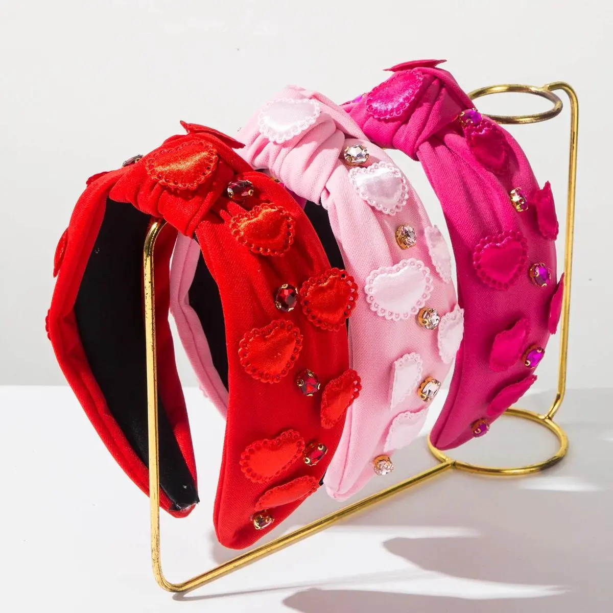 Women's Romantic Heart Print Padded Headband - Fashion Polyester Hair Accessory with Diamond Accents, 17*12 cm, OneSize, Valentine's Day Gift