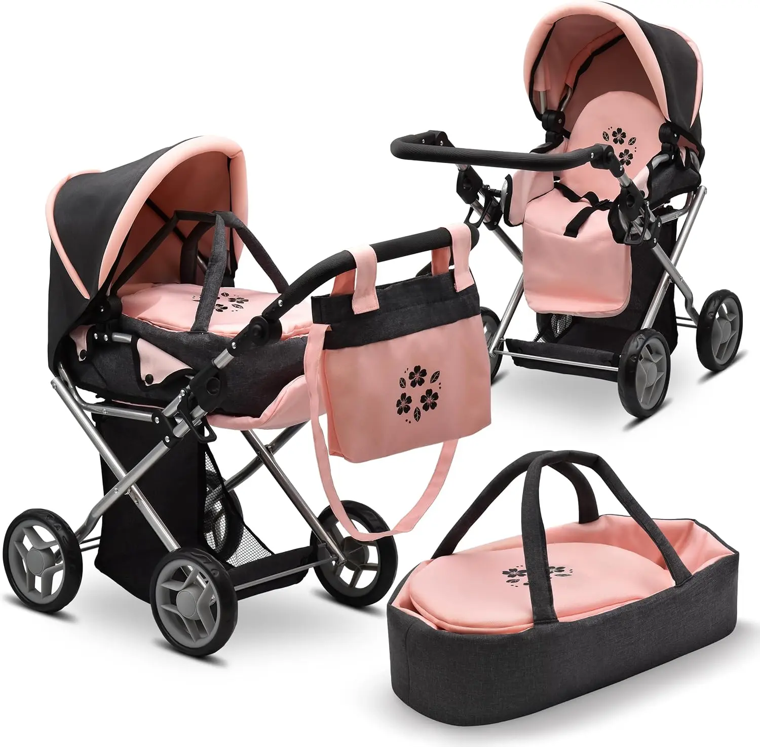 Baby Doll Convertible Pram Stroller with Removable Travel Bassinet Carrier – 3-in-1 Adjustable Doll Buggy Carriage with Canopy, Storage Basket & Diaper Bag – Black & Pink Pretend Play Stroller for Girls Ages 3+