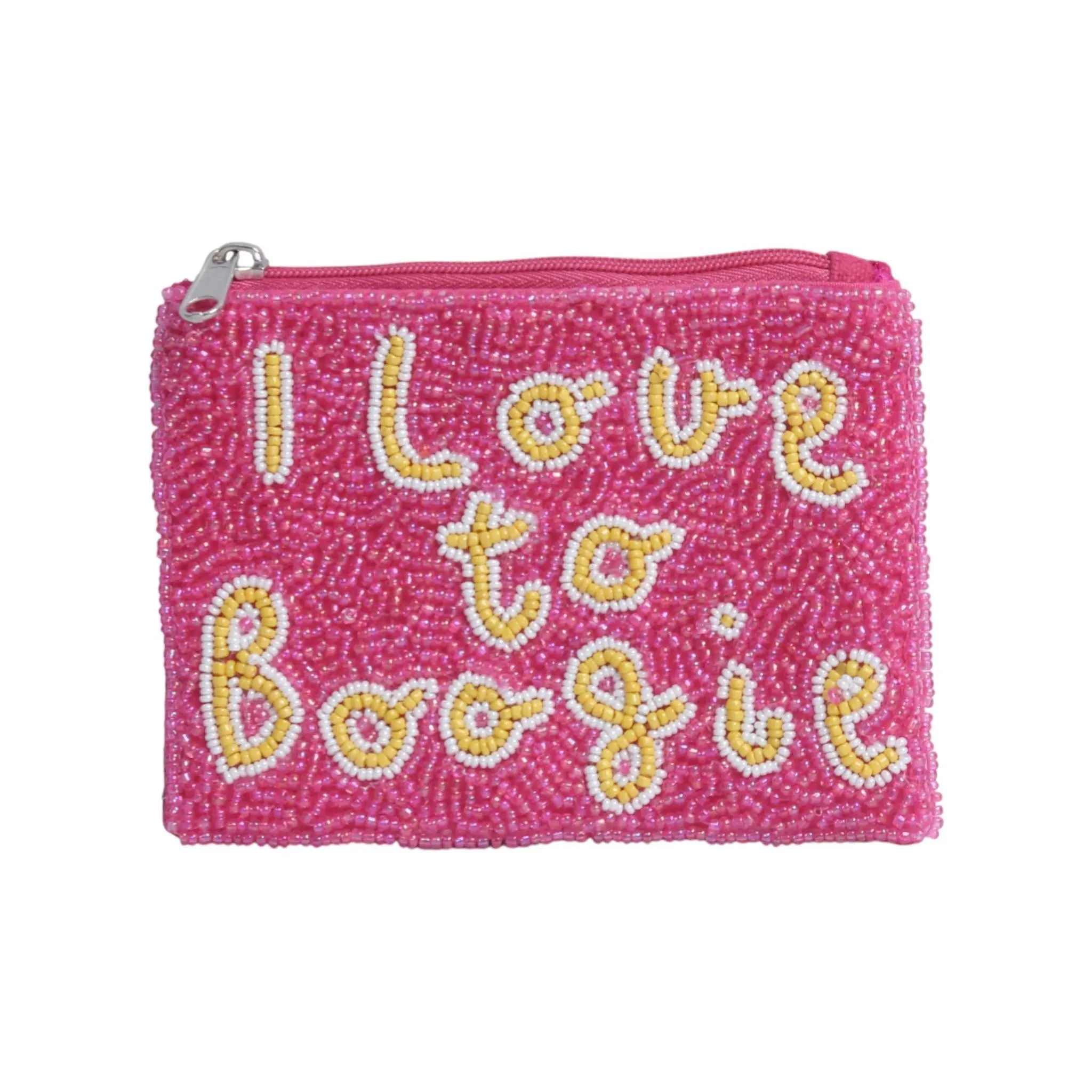 Women's Funny Beaded Coin Holder Wallet - "I LOVE TO BOOGIE" Themed Print, Beaded Text, Compact Casual Women's Wallet for Coin Storage