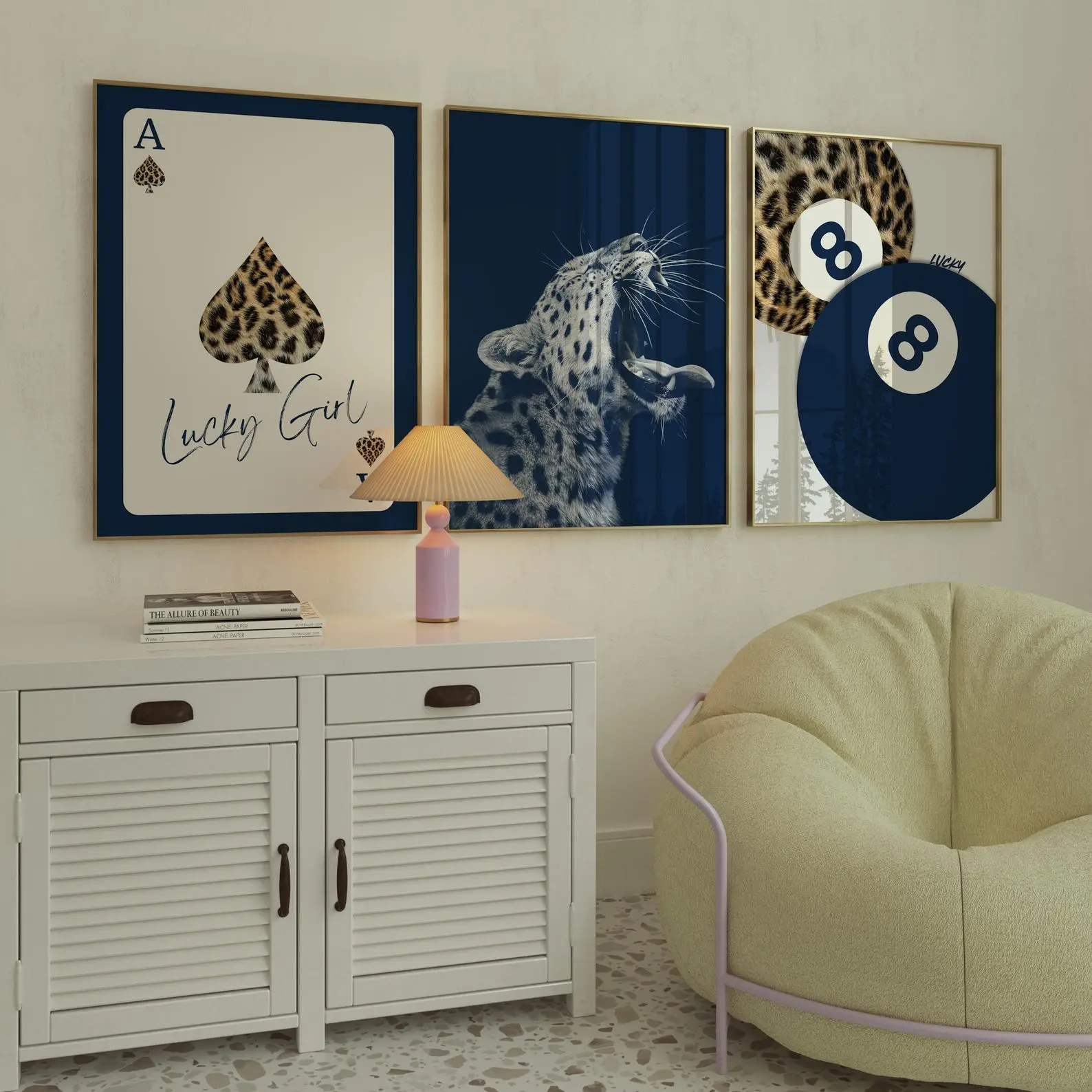 Navy Blue Leopard Wall Art Set, Lucky Girl Ace Card & 8 Ball Poster, Luxury Aesthetic Room Decor