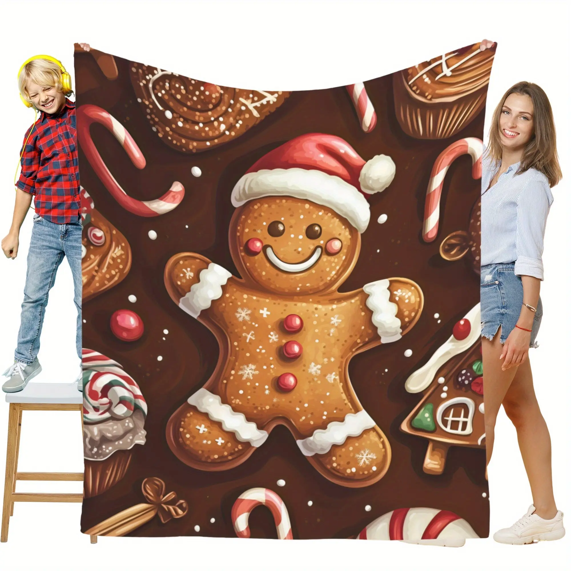 Brown Christmas Flannel Blanket Cartoon Gingerbread Pattern Blanket, Cute Holiday Decoration Blanket, Winter Sofa Bedroom Dorm Couch Office Outdoor Home Fun Gift Blanket for Men Women Adults Teen Boys Girls
