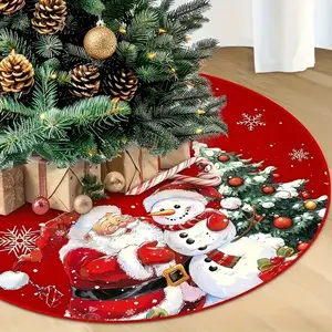 Festive Christmas Tree Skirt, Santa & Snowman Design, Polyester Short Plush Material, Ideal for Holiday Gatherings