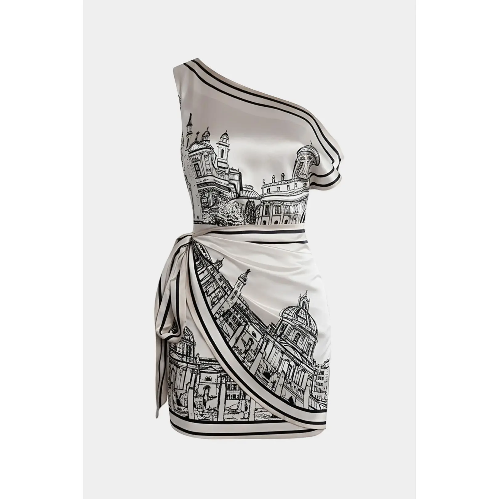 Pattern Print Satin One Shoulder Asymmetrical Tie-Up Sleeveless Midi Dress