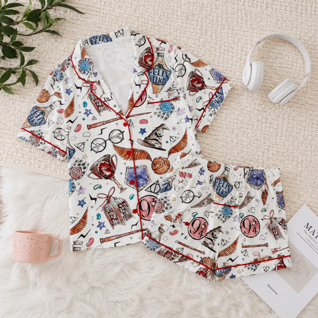 Women’s Wizard School Satin Pajama Set, Magic Academy Short Sleeve Button Down Sleepwear, Soft 2 Piece Pajama Shorts Lounge Set