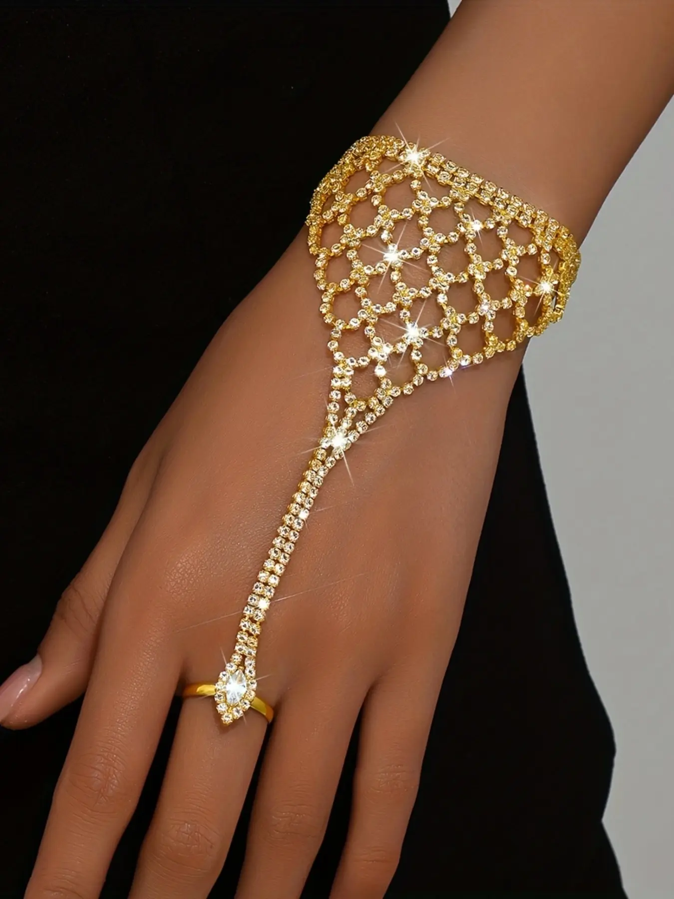 Elegant Women's Mesh Bracelet, Copper Rhinestone Material, Fashion Wraparound Design, Finger Chain, Perfect for Parties and Events, Exquisite Bracelet
