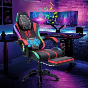 LED Gaming Chair Massage with Speakers Game Chair Big and Tall with Footrest Gamer Chair for 400lbs Computer Desk Chair for Adults Red and Black