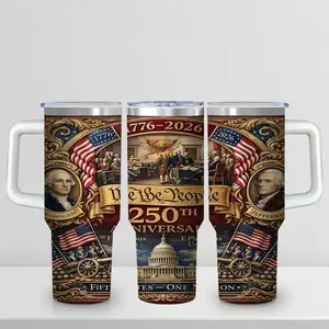 America 250th Anniversary Commemorative 40 oz Tumbler, "We The People" Constitution Inspired Design, 1776-2026 Semi-quincentennial Travel Mug, Insulated Stainless Steel Cup with Handle & Straw