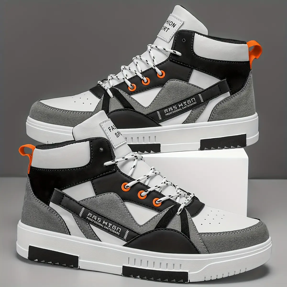 Men's Colorblock High-Top Lace-Up Athletic Skate Sports Shoes - PU Leather & Fabric Footwear for Casual Runners, Outdoor Use, in Black, White, Gray with Orange Accents, Eva Sole