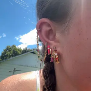 6 Pcs Luxury 24K Gold Plated Cubic Zirconia Multicolor Cuffs Earrings Set For Women Colorful Zircon Chain Hoop Earrings Pack Hypoallergenic Drop Dangle Earrings Stack Fashion Jewelry Gift Stackable Earrings