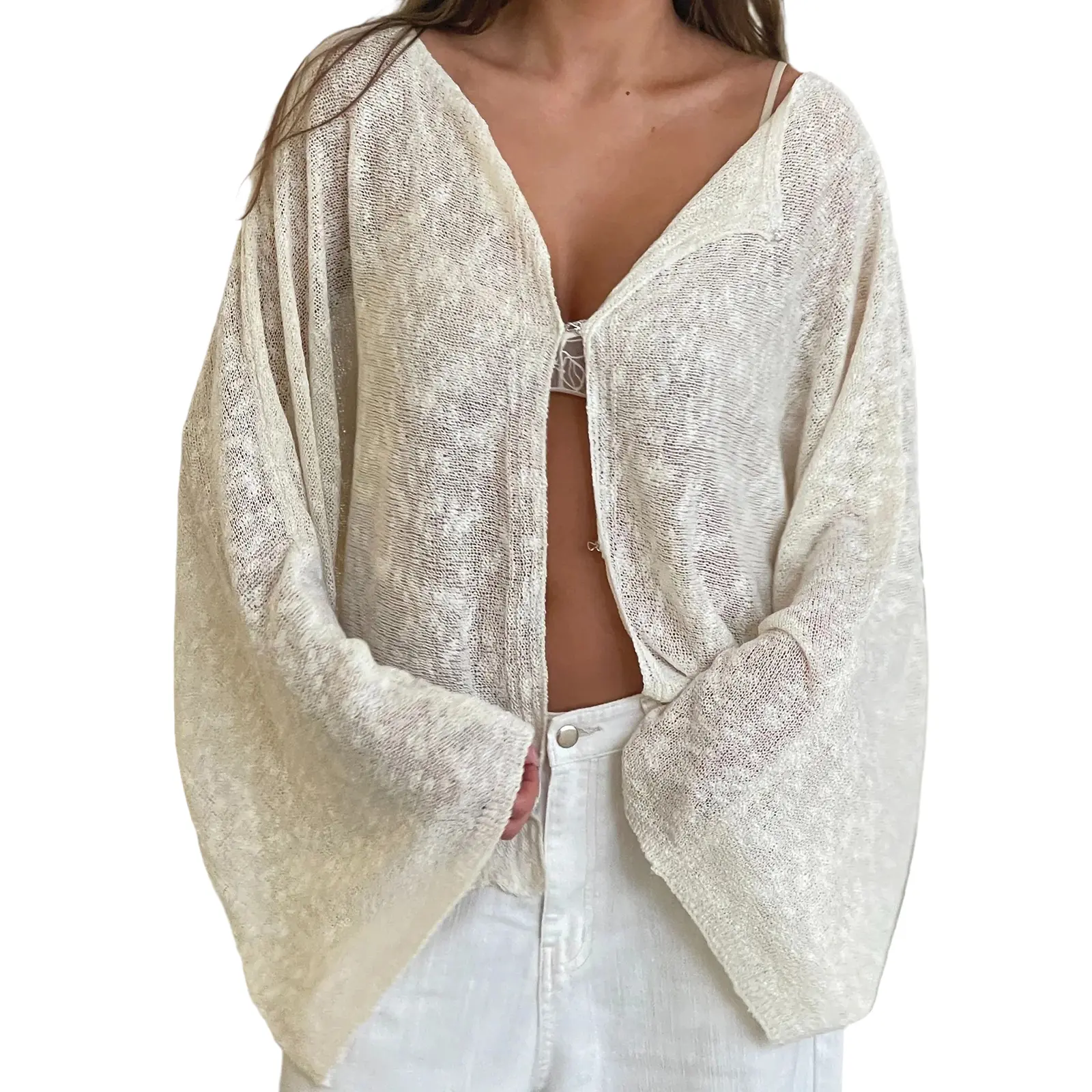 Women Loose Knitted Cardigan Tops Boat Neck Hook Draped Long Batwing Sleeve Semi-Sheer Knitted Tops Casual Fall Tops Shawl Sweaters