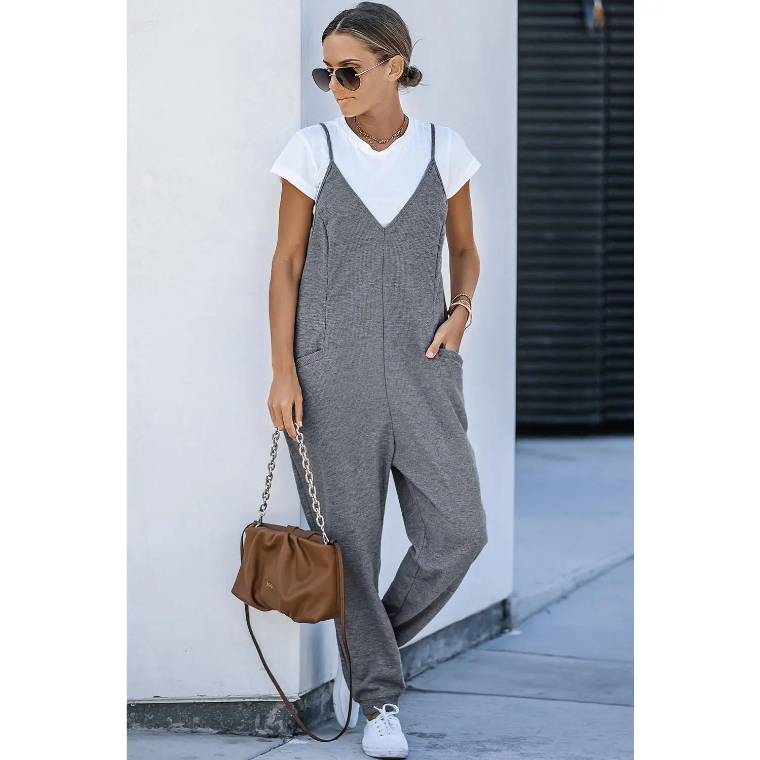 Gray Textured Sleeveless V-Neck Pocketed Casual Jumpsuit