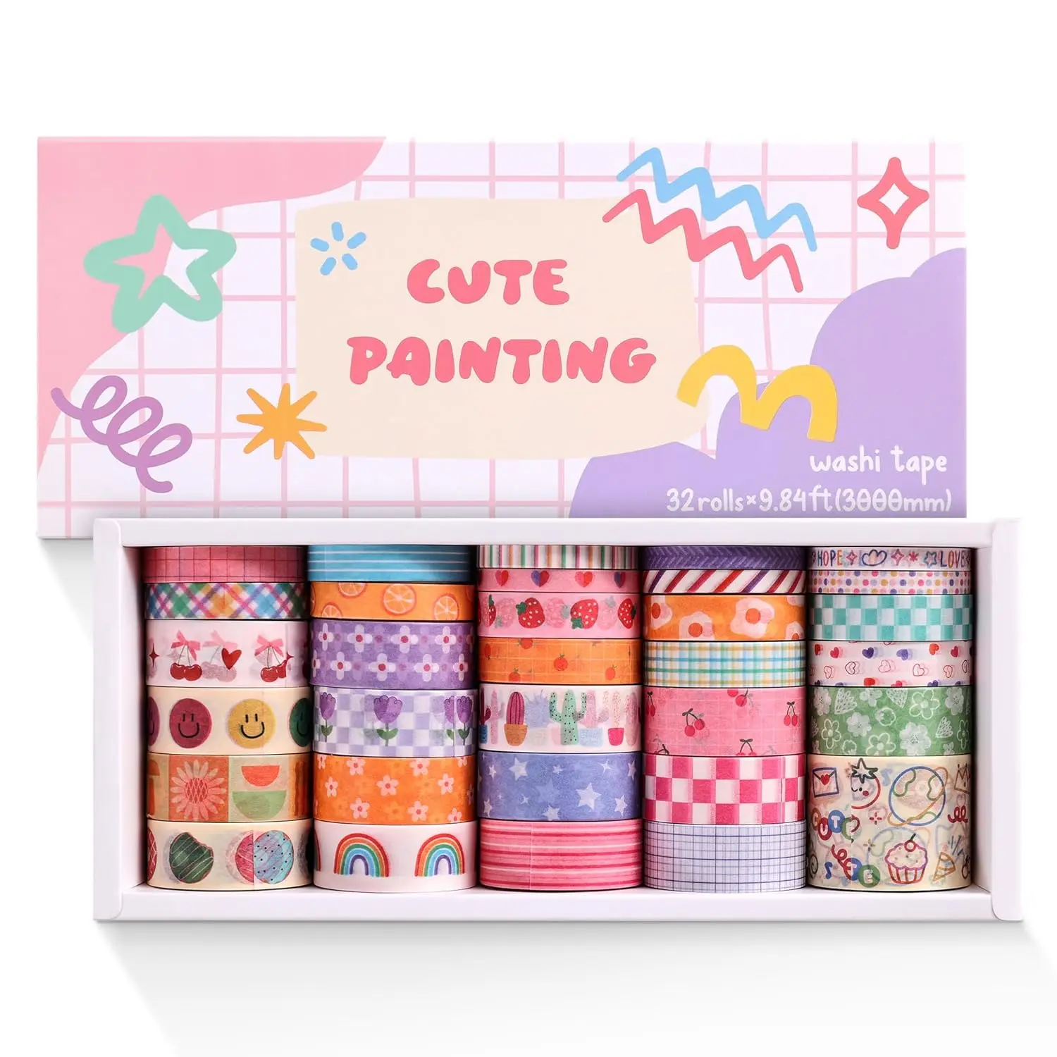 PAGEMORE 32-Roll Repositionable Themed Sticker Tape Set for Girls - Colorful Floral, Smiling Faces, Friends, Rainbows, Cute Paintings, Checks Designs, Writable, Easy to Tear, 0.19-1.18in Wide, 9.84ft/Roll, DIY Scrapbooking Journaling Decor Supplies