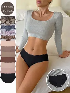 Women's Random Color 10-Pack Seamless Ice Silk Panties, Scallop Edge One-Piece Comfortable Breathable Elastic Underwear Mid-Waist Triangle Lingerie