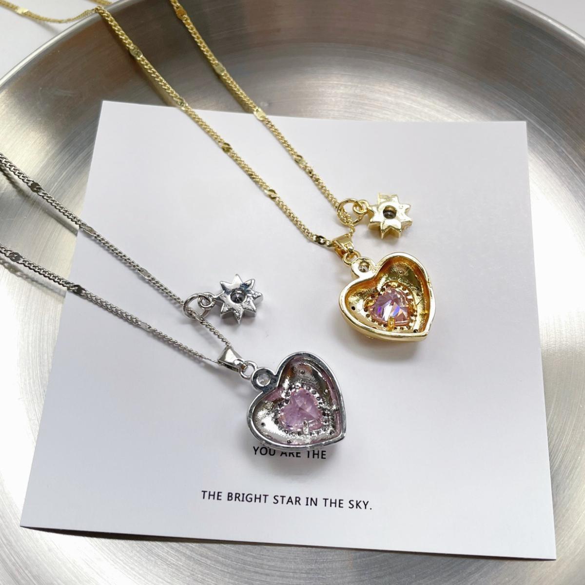 Cute Puffy Heart Sparkle Pendant Necklace, Dainty Pink Charm Detail, Elegant Feminine Statement Jewelry, Stackable Everyday Accessory, Perfect Gift for Fashion Lovers