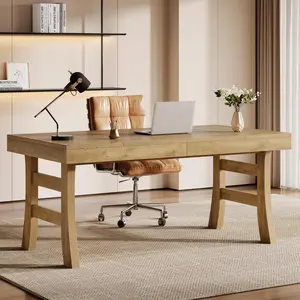Tribesigns 63-Inch Executive Desk for Home Office, Large Computer Desk with Sturdy Legs, Farmhouse Workstation Writing Table, Light Brown