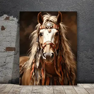 [Art Deco Style Horse Canvas Painting] 1 Modern Art Deco Brown Horse Canvas Art Painting - Wooden Framed, 11.8inch * 15.7inch Vertical Indoor Wall Art - Suitable for Living Room, Bedroom, Home Office, Classroom, Dormitory