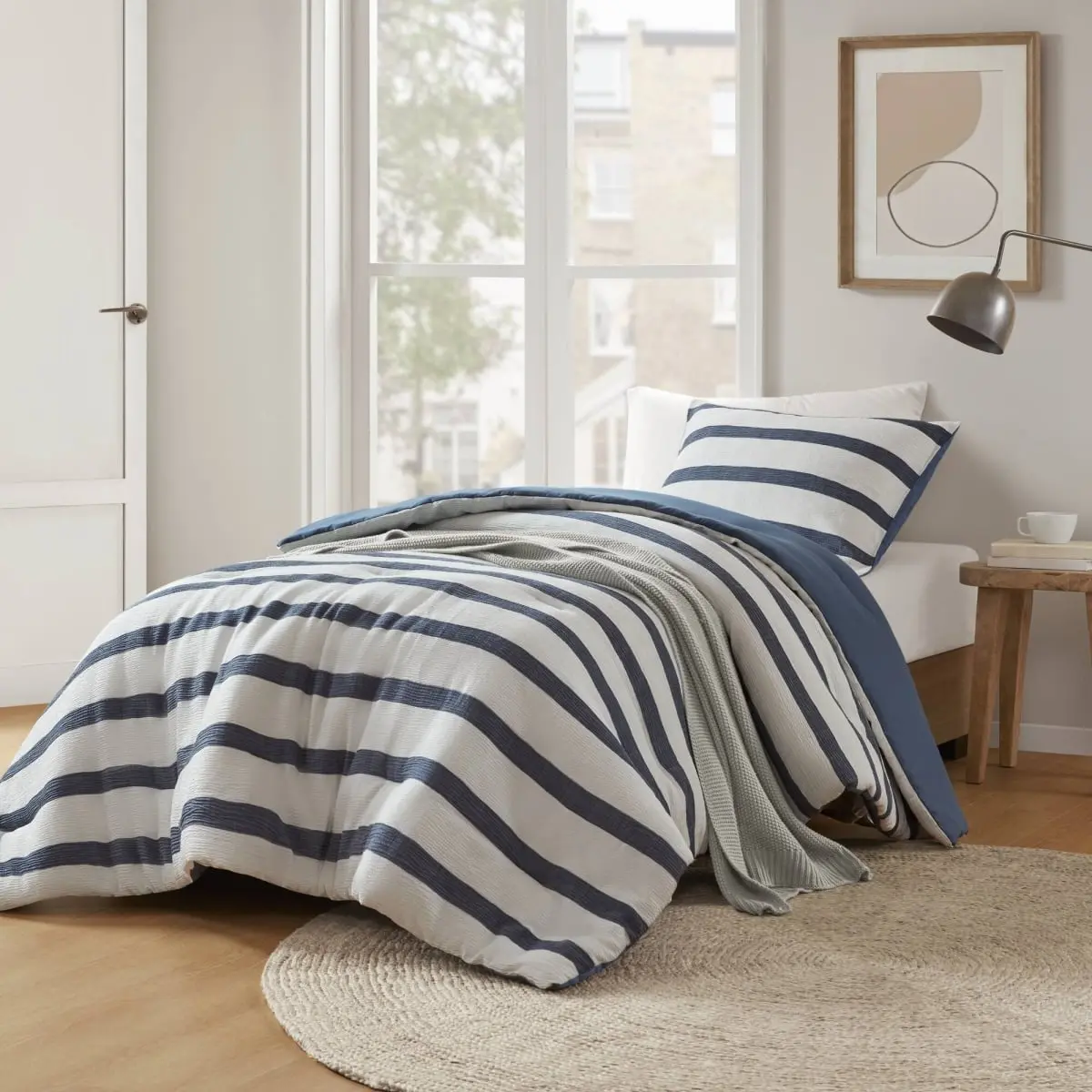 360 Stand AM10-0608 Twin Size Long Yarn-Dyed Striped Blue Comforter - Soft Bedroom Bedding Set, Decorative Bedding Set, Bedroom Decorative Linens, Bed Comforter Set, All Season Bedding