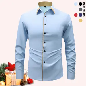 Men's business elegant solid color long-sleeved shirt, casual versatile, lapel button-down shirt, universal for going out and partying