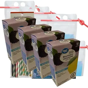 Great Value Sugar Free Low Calorie Blackberry Lemonade Hydration Powders Drink Mix Bundle 10 Packets Per Box 4 Boxes 40 Total Packets, 4 Reusable Resealable Stand Up Drink Pouches, Paper Straws, and Healthy Smoothie Recipe Card