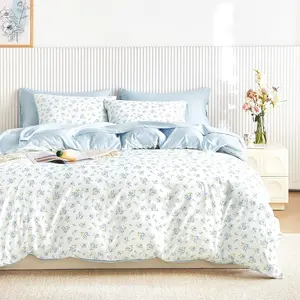 Coquette Duvet Cover Set, Floral Cottagecore Flower Shabby Chic Cute Aesthetic, Soft Lightweight Bedding for Women Teen Girls, 3-Piece, White Blue, Twin/Twin XL Size