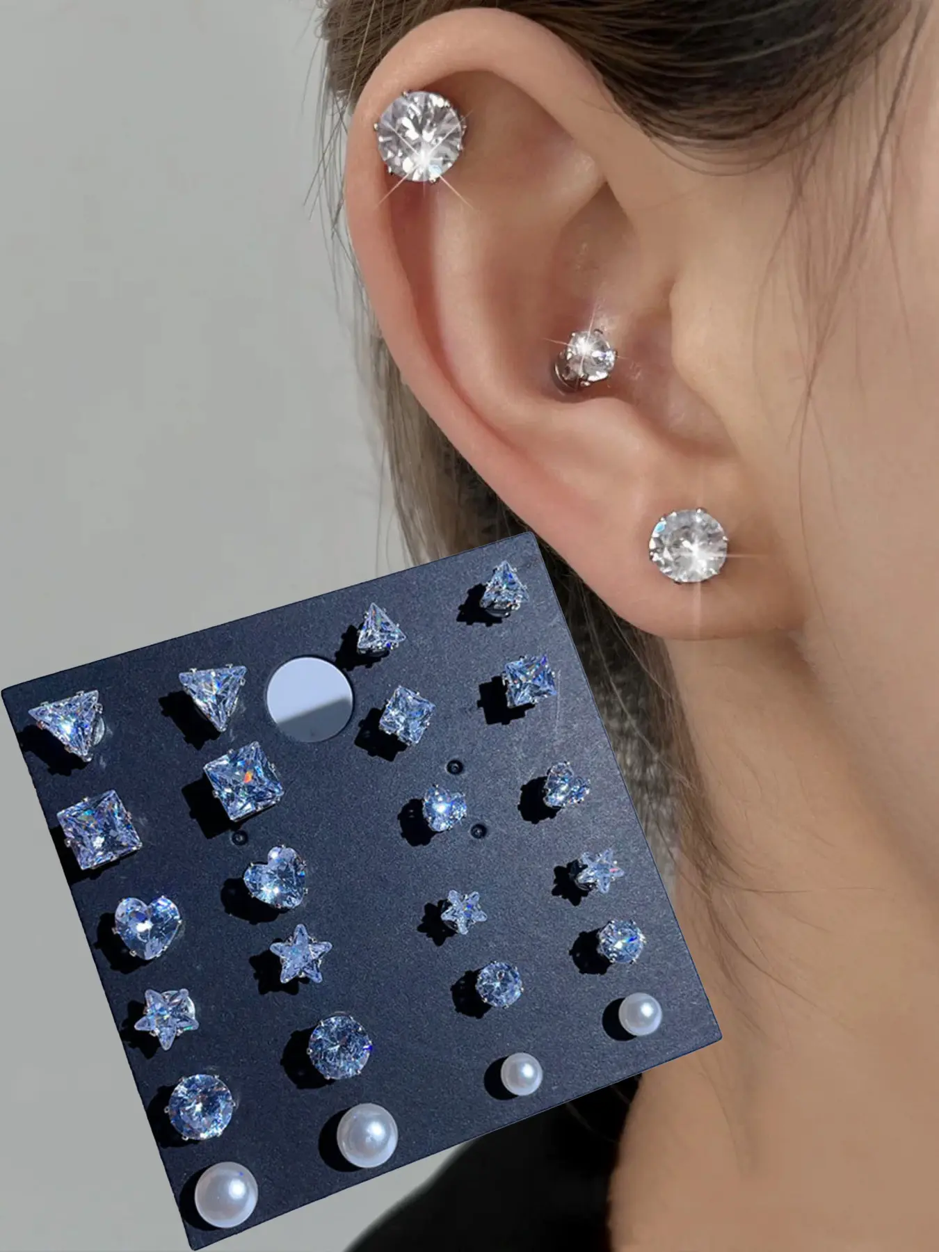 12Pairs Magnetic Earring Studs Nose Studs Love Heart Pentagram Geometry Fake Nose Studs Ear Clips with Cubic Zirconia, Clip On Earrings Stainless Steel No Need Piercing Artifical Pearl Fake Nose Rings Earring Jewelry