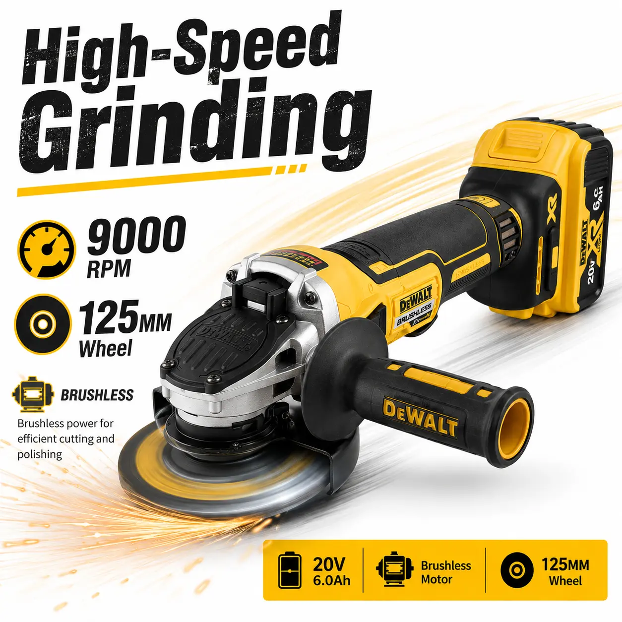 DEWALT DCG405NT 125MM 18V Cordless Brushless Angle Grinder with 9000RPM for Lithium-Ion  Batteries Angle Grinding Machine Rechargeable Grinding Tool