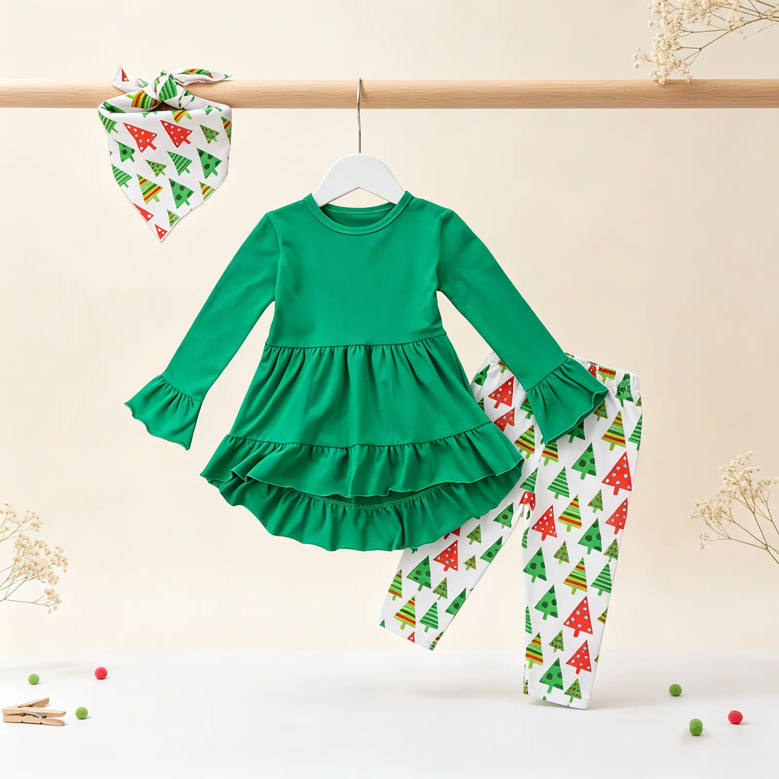 3Pcs Girls Kids Christmas Clothes Set Long Flare Sleeve Ruffles Tops Dress + Christmas Tree Leggings + Headband Xmas Outfits