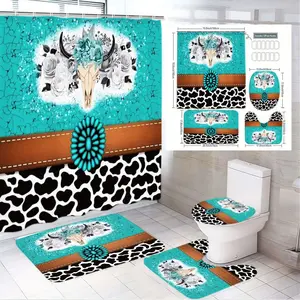 1/4pcs Rustic Western Cowhide Bathroom Set - Turquoise Shower Curtain with Steer Skull, Brown Belt, Black & White Cowhide Rug, Toilet Seat Cover & Bath Mat - Perfect for Cowboy Home Decor, Housewarming Gift, Bathroom Decoration Accessories
