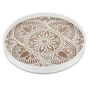 Hanobe Decorative Serving Tray Round: Farmhouse Coffee Table Tray for Ottoman Boho Wooden Centerpiece Rustic White Washed Mandala Home Decor Living Dining Room Kitchen Counter Display