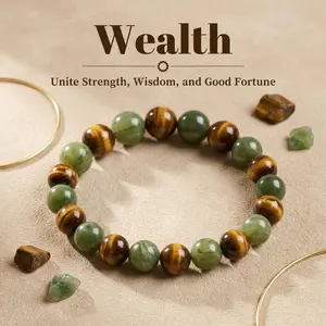Money Manifestation & Wealth Bracelet Luck Prosperity Confidence Positive Energy Tiger Eye Chinese Jade Gemstone Beaded Jewelry Gift for Unisex