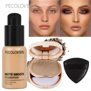3pcs/set Smooth Liquid Foundation&powder Foundation with Power Puff，Matte Finish, Medium Coverage, Natural-Looking Bronzer & Foundation