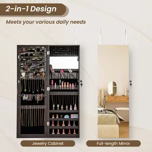 COSTWAY - 43.5 Inch Jewelry Mirror Cabinet with Full-length Mirror and Adjustable Hangers-Dark Brown
