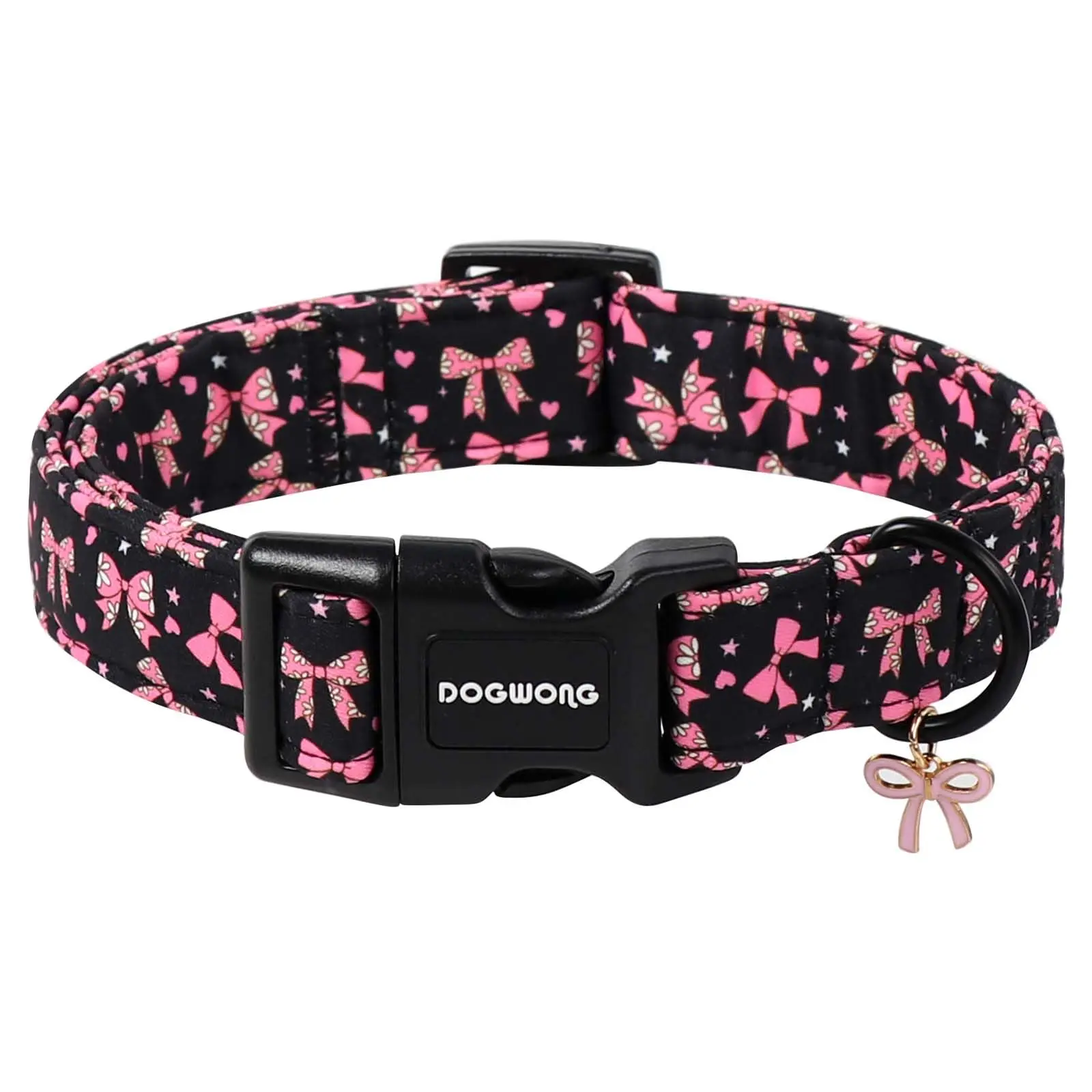 DOGWONG Chew-Resistant Breathable Cotton Dog Collar, Cute Pink Bow Design, Detachable Pink Bow, Plastic Buckle, Adjustable Roll, Leash Attachment, Hand Wash Only - Holidays Pet Supply for Small-Large Female Dogs Daily Walks backtoschool
