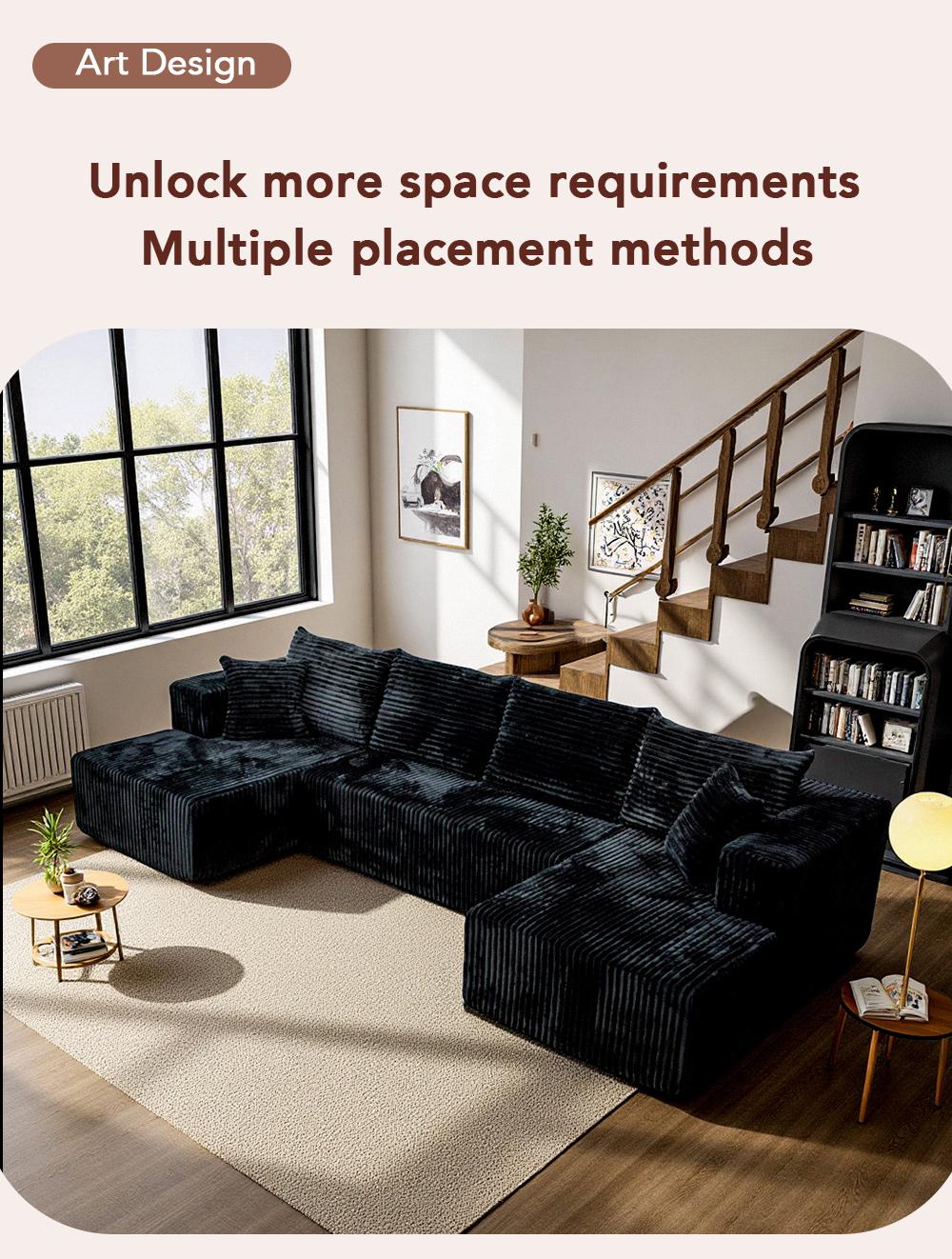 [Delivery of 3 items] [4 free throw pillows] 132-inch U-shaped modular modular sofa bed, textured cotton fabric material, suitable for living room, featuring a soft velvet fabric and deep seat design of convertible textured modular sofa bed