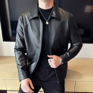 Men's Slim Fit Black Leather Jacket with Stand Collar, Vintage Motorcycle Style, Zipper Closure, Perfect for Autumn and Winter, Versatile Fashion and Business Casual Coat