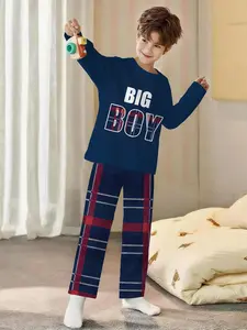 Teen Boy Pajama Set, Soft Comfortable Sleepwear, Cute Letter Print Top + Plaid Long Pants, Casual Fitted Style for All Seasons