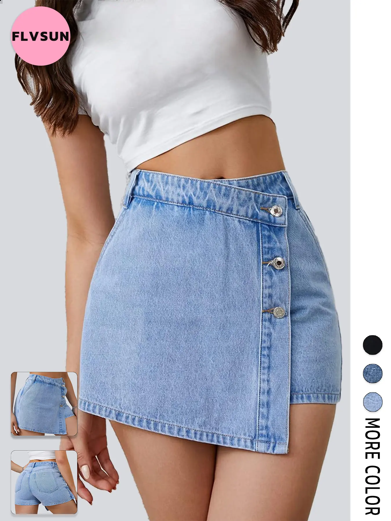 Flvsun Women's High-Waisted Button-Front Denim Wrap Skort with Pocket - Minimalist Basic Women's Clothes, Plain Mini Skirt Bottoms, Elegant Casual Denim Skort Skirts