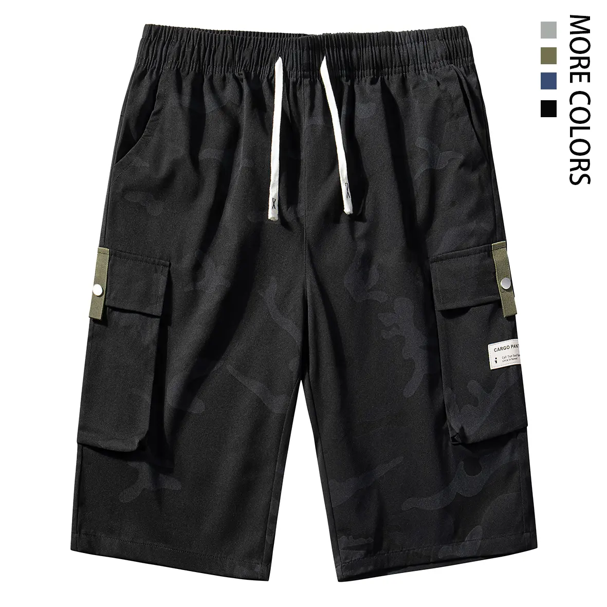 Men’s summer dark-pattern camouflage cargo shorts with a drawstring elastic waistband and multiple pockets; loose and breathable—ideal for street style, outdoor activities, and everyday casual wear. Black Stylish