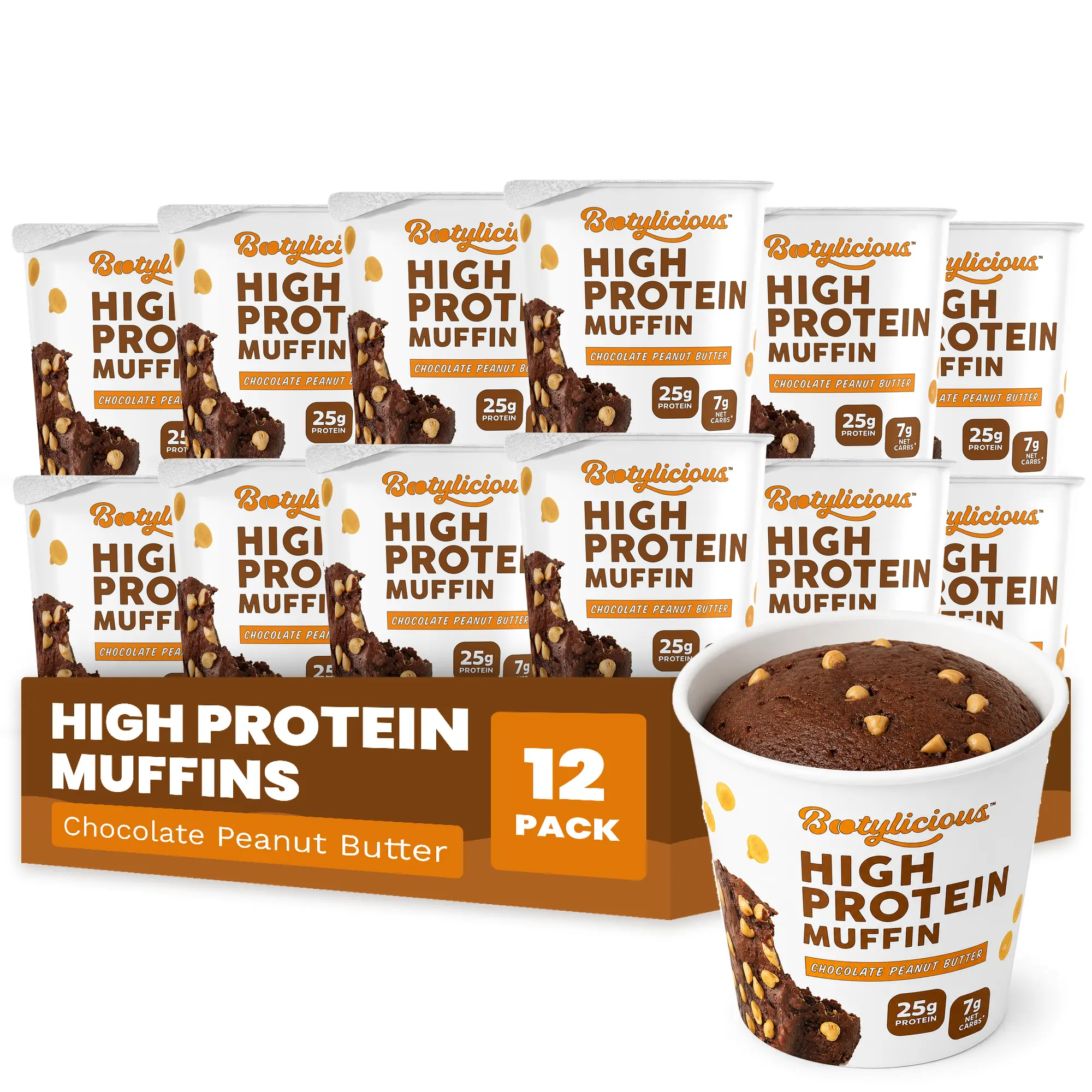 Bootylicious Protein Muffin, Chocolate Peanut Butter, 12-Pack | 25g Protein, High Fiber, 7g Net Carbs*, 200 Calories or Less | Baking Snack
