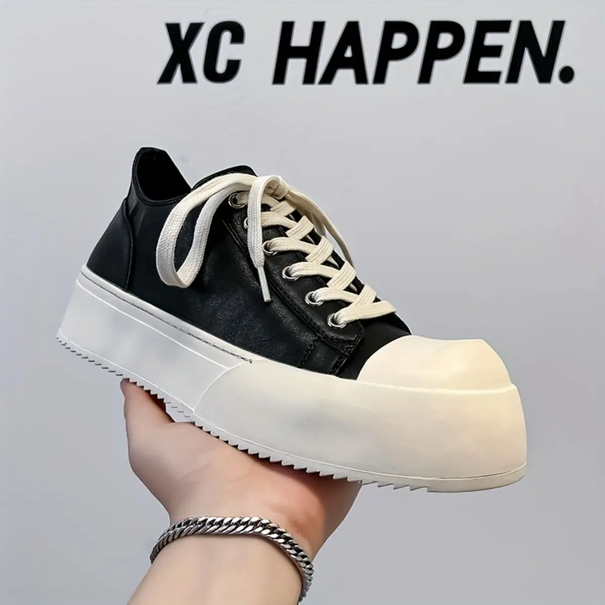 Men's Casual Chunky Lace-Up Shoe, Solid Color Microfiber Leather Footwear with Round Toe and Rubber Sole